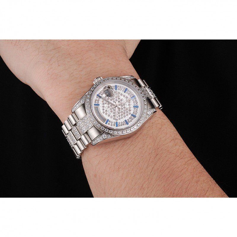 Swiss Rolex Day-Date Diamond Pave Dial And Bezel And Stainless Steel Bracelet