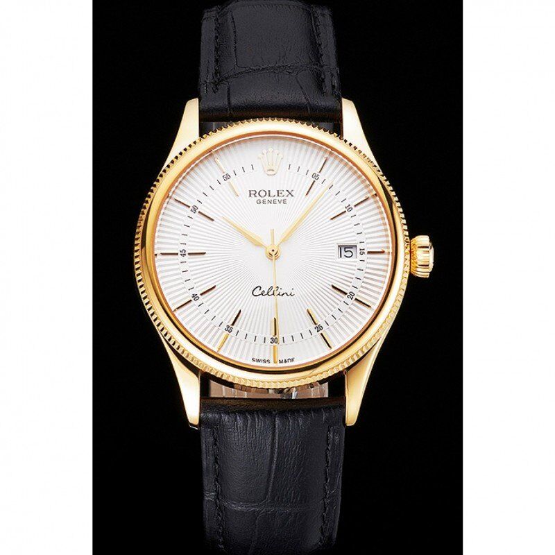 Swiss Rolex Cellini Date White Dial Gold Case Black Leather Strap