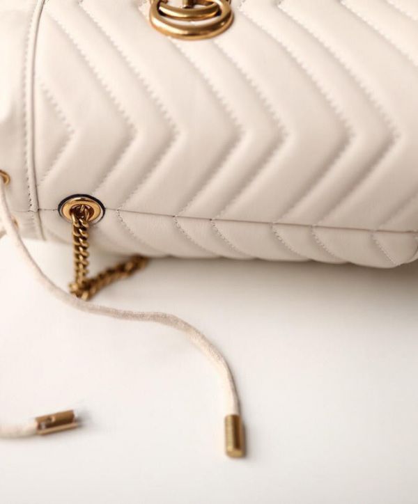 Gucci GG Marmont Mini White Matelasse Quilted Leather Brass Interlocking GG Design Drawstring Closure Women Chian Buckle 575163 DTDRT 9022