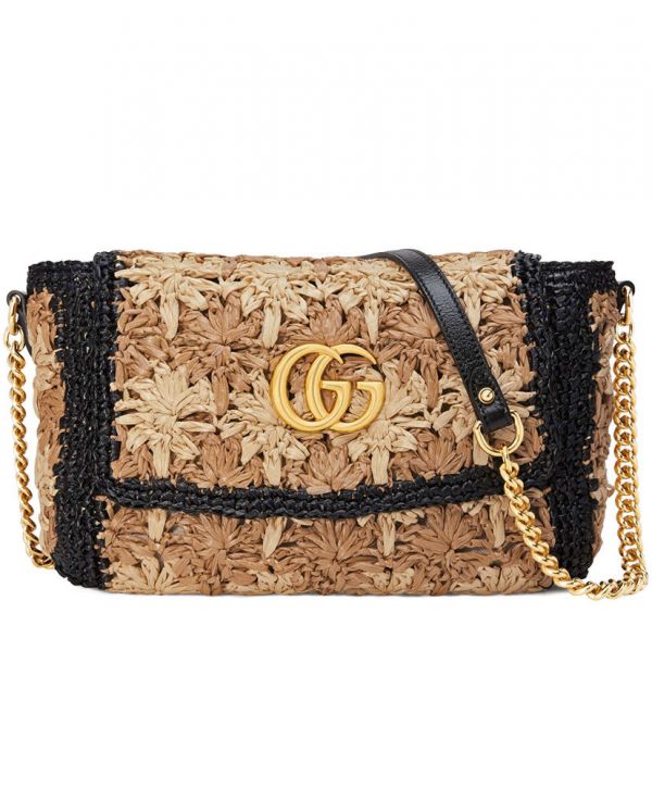 Gucci GG Marmont Crochet Flower Pattern Gold Logo Buckle Women Beige & Camel Viscose Raffia Flap Crossbody Bag
