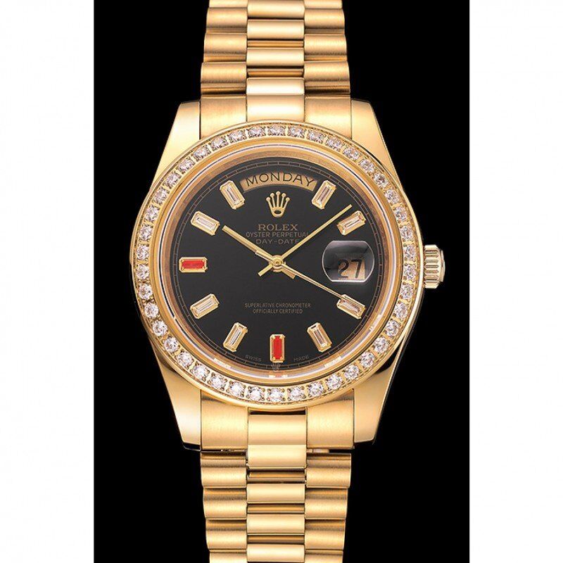 Swiss Rolex Day-Date Diamonds And Rubies Black Dial Yellow Gold Bracelet 1454101
