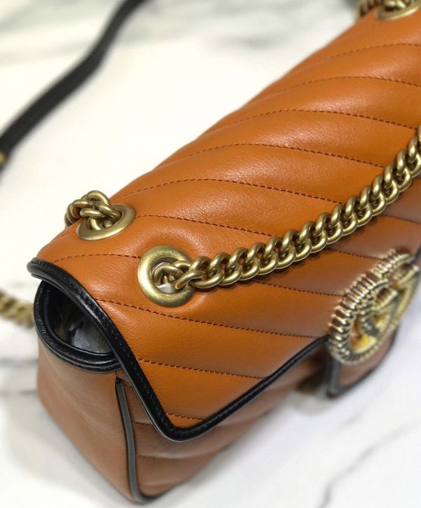 Gucci GG Marmont Small Tan Diagonal Matelasse Flap Bag Women Fashion Black Trimming Brass Logo Buckle Chain Bag 26CM
