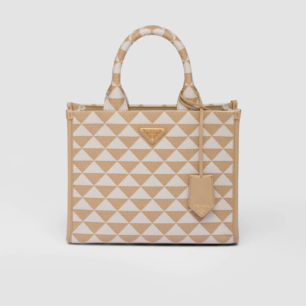 Prada Small Symbole embroidered fabric handbag - Beige/Chalk White