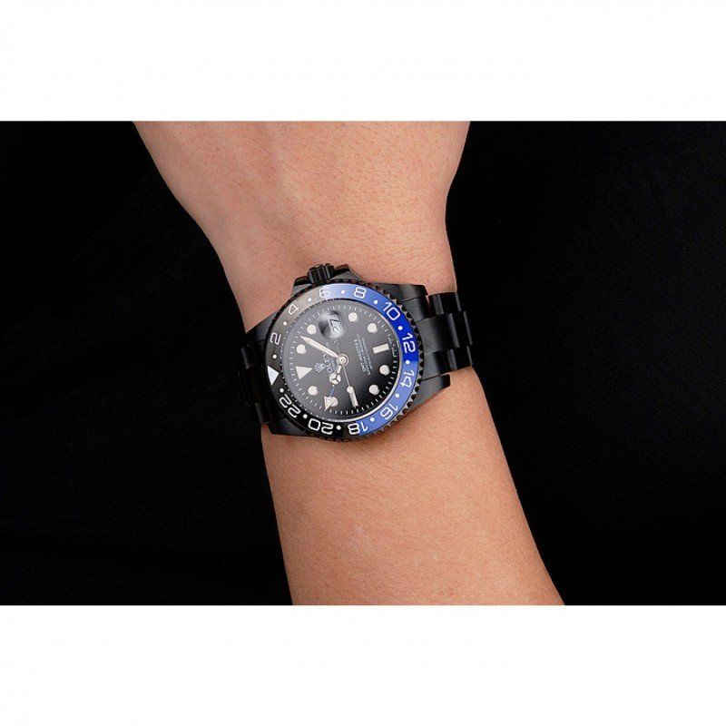 Swiss Rolex GMT Master II Black Dial Blue And Black Bezel Black PVD Case And Bracelet PR18239
