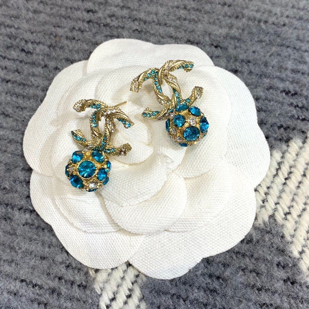 Elegant Blue Rhinestone Ball Pendant Earrings