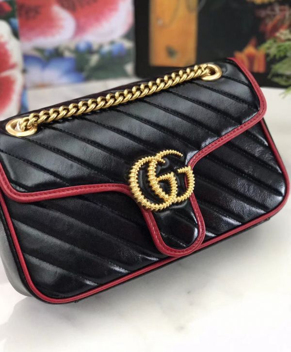 Gucci GG Marmont Red Trimming Twisted Brass Logo Buckle Chain Strap Women Diagonal Design Fashion Black Matelasse Leather Flap Bag