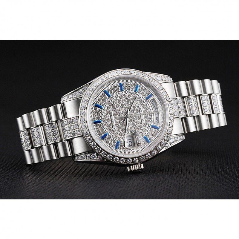 Swiss Rolex Day-Date Diamond Pave Dial And Bezel And Stainless Steel Bracelet