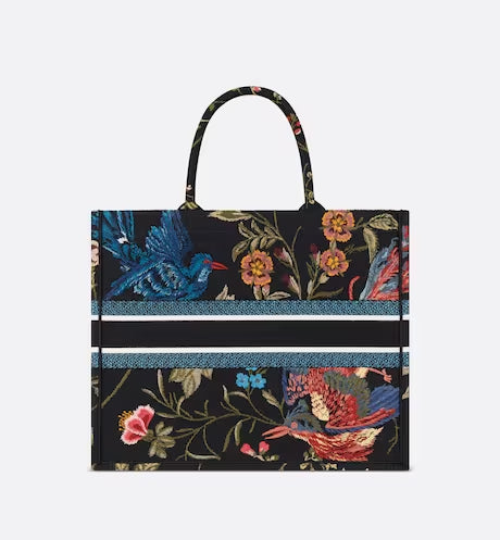 LARGE DIOR BOOK TOTE Black Multicolor Dior Birds Embroidery (42 x 35 x 18.5 cm)
