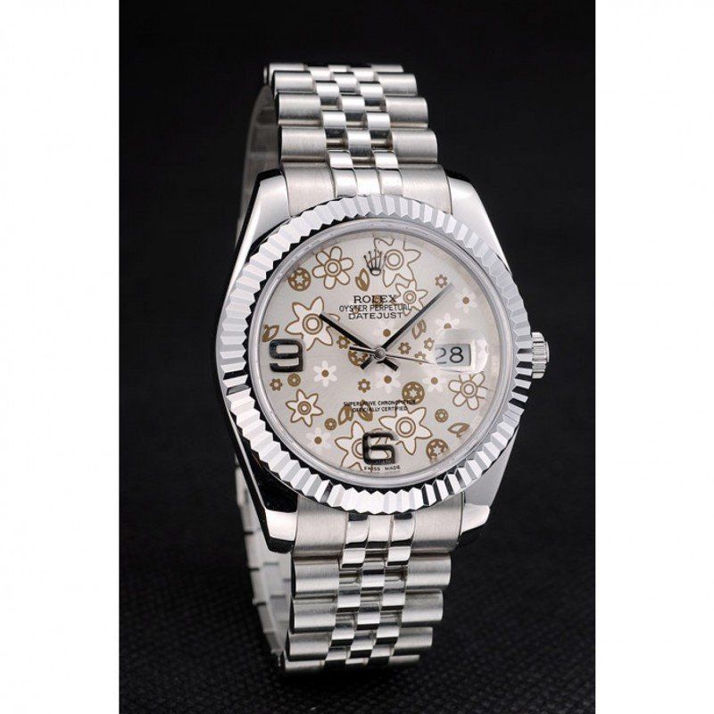 Swiss Rolex DateJust Stainless Steel Ribbed Bezel Flower Silver Dial 42001