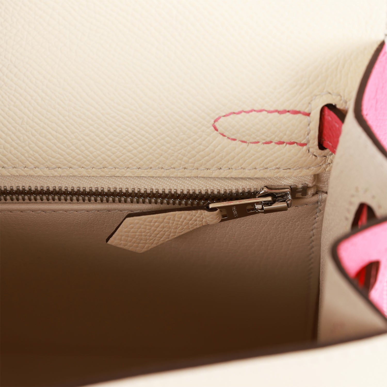 Hermès Special Order (HSS) Kelly Sellier 25 Nata and Rose Azalee Epsom Palladium Hardware