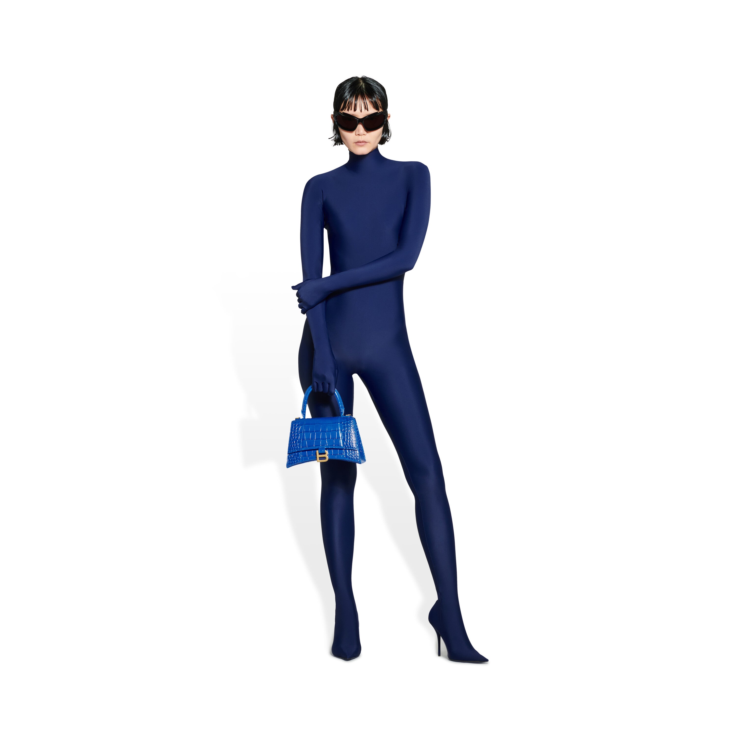 WOMEN'S HOURGLASS SMALL HANDBAG CROCODILE EMBOSSED IN ELECTRIC BLUE