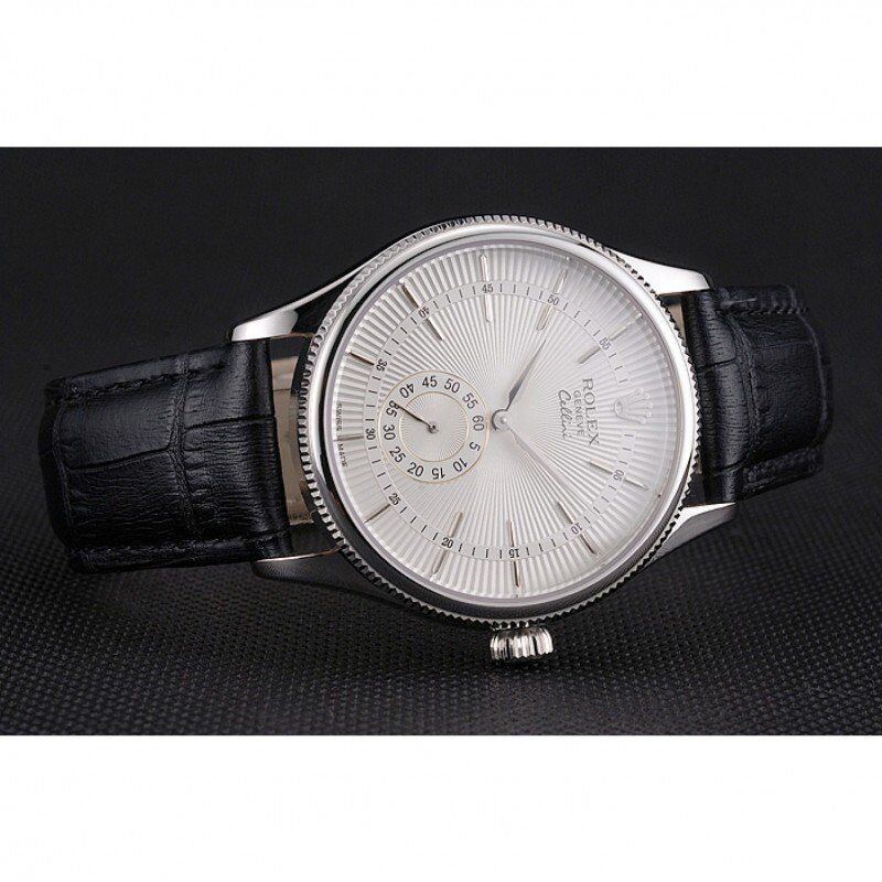 Swiss Rolex Cellini White Dial Stainless Steel Case Black Leather Strap