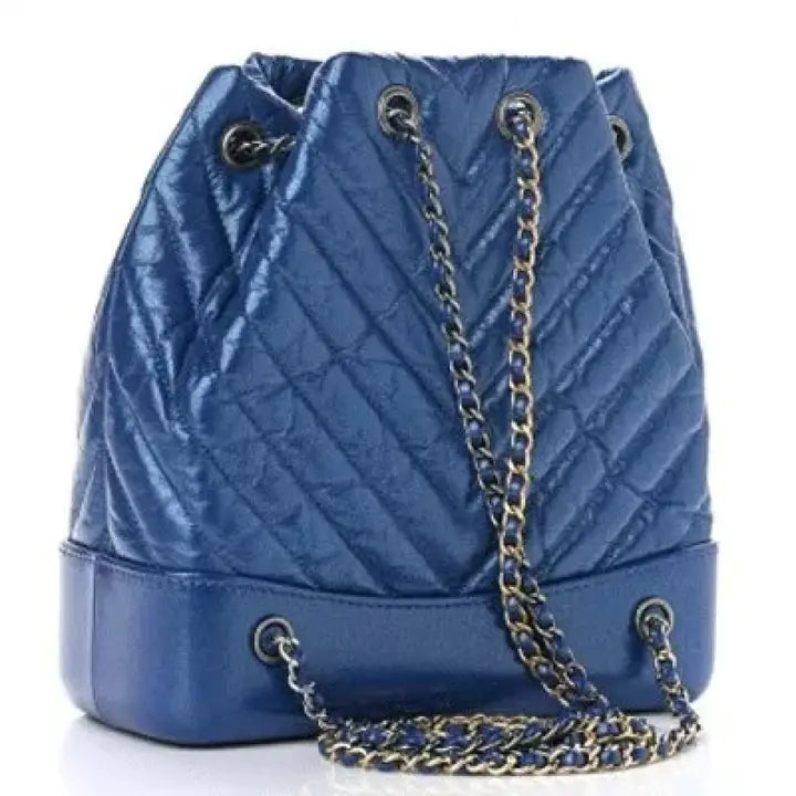Iridescent Aged Calfskin Chevron Quilted Small Gabrielle Backpack Blue