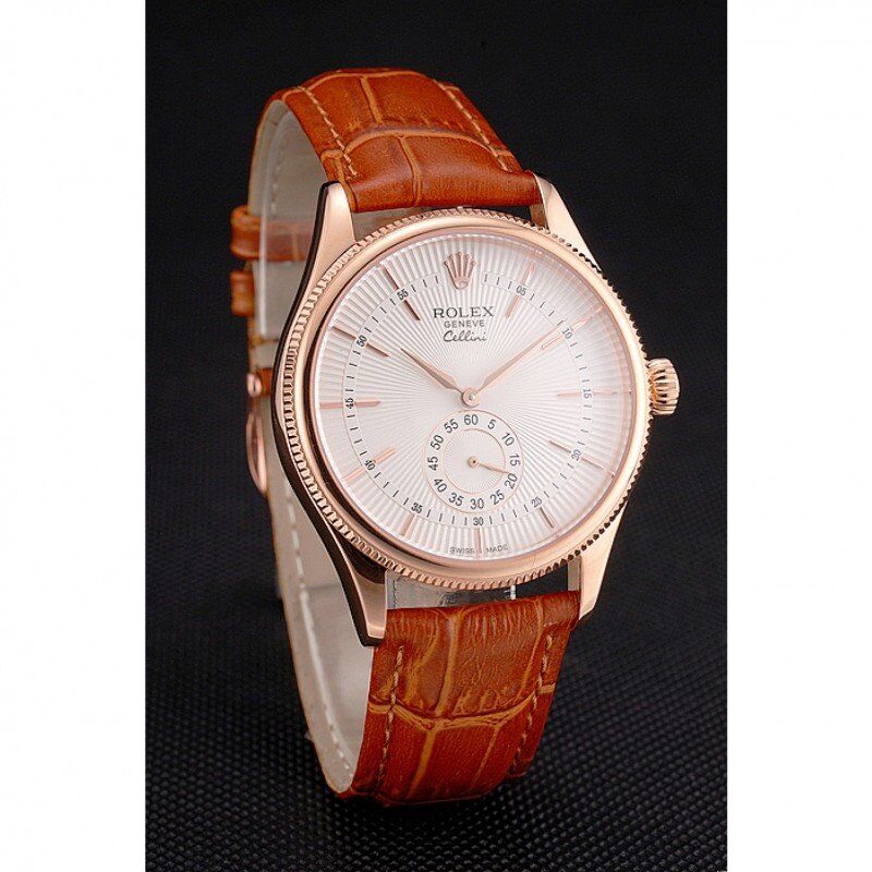 Swiss Rolex Cellini White Dial Rose Gold Case Light Brown Leather Strap