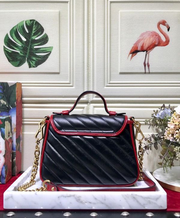 Gucci GG Marmont Double G Brass Buckle Single Top Handle Cerise Trim Female Black Quilted Leather Flap Mini Crossbody Bag