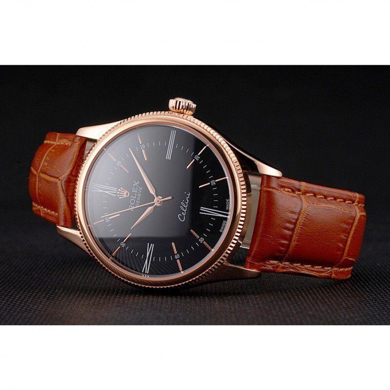 Swiss Rolex Cellini Black Dial Roman Numerals Rose Gold Case Light Brown Leather Strap