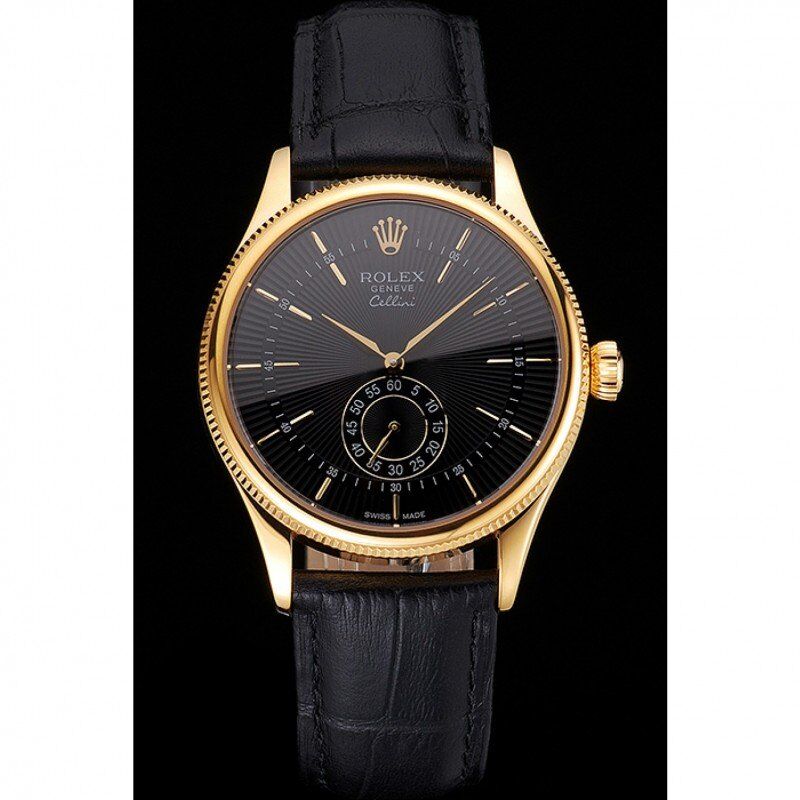 Swiss Rolex Cellini Black Dial Gold Case Black Leather Strap