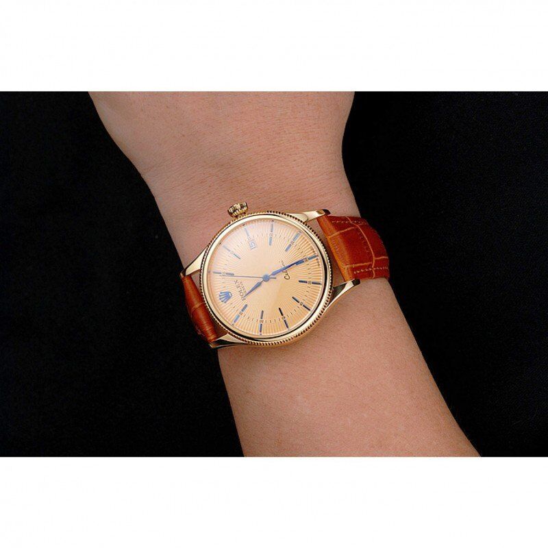 Swiss Rolex Cellini Date Gold Guilloche Dial Gold Case Light Brown Leather Strap