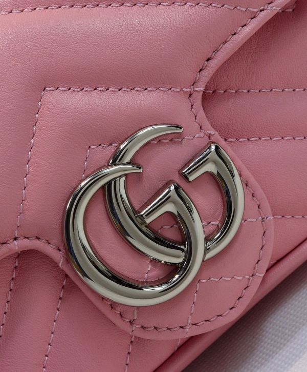 Gucci GG Marmont Waved Design Silver GG Buckle Women Latest Pink Quilted Super Mini Flap Handbag For Sale