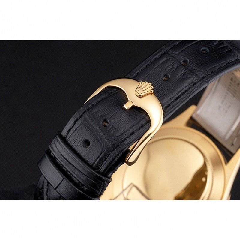 Swiss Rolex Cellini Black Dial Gold Markings Gold Case Black Leather Strap