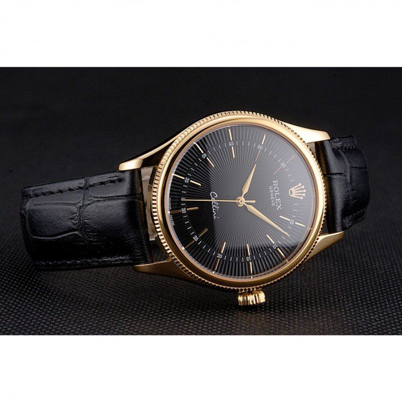 Swiss Rolex Cellini Black Dial Gold Markings Gold Case Black Leather Strap