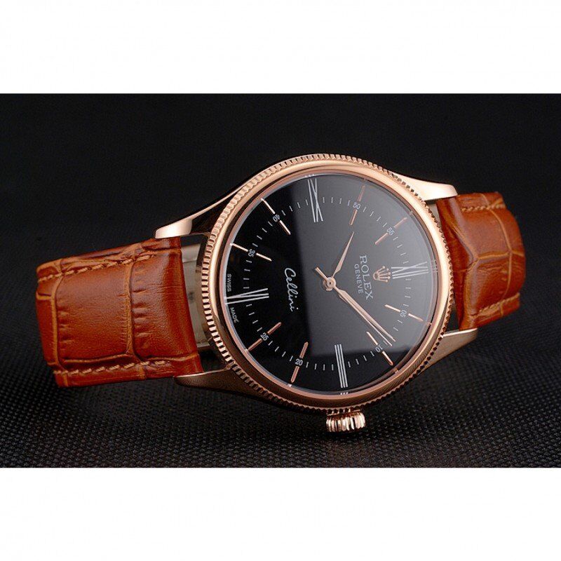 Swiss Rolex Cellini Black Dial Roman Numerals Rose Gold Case Light Brown Leather Strap