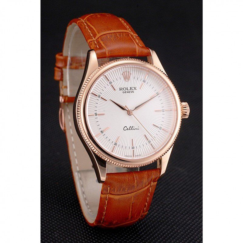 Swiss Rolex Cellini White Dial Rose Gold Case Brown Leather Strap