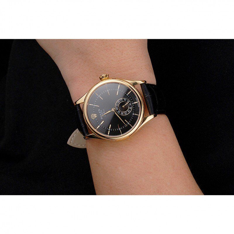 Swiss Rolex Cellini Black Dial Gold Case Black Leather Strap