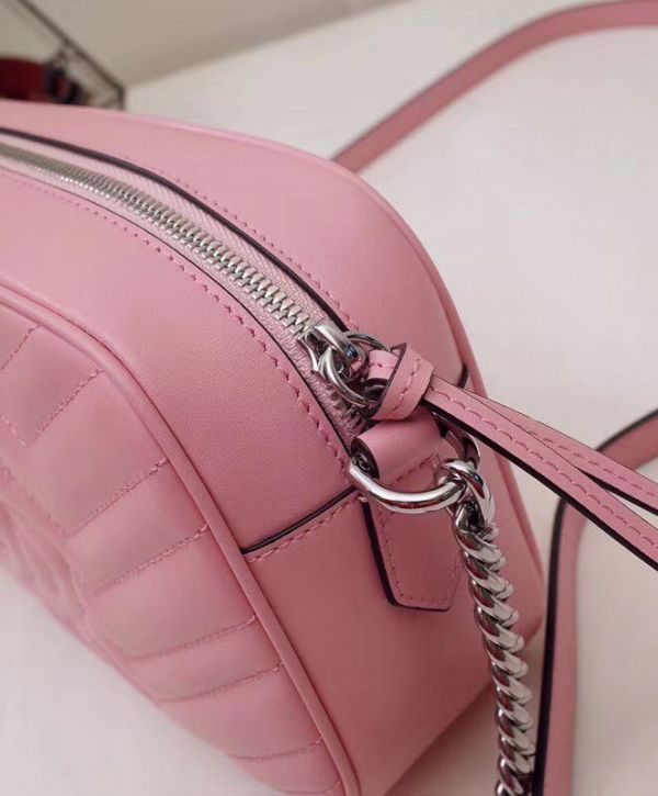 Gucci GG Marmont Silver Logo Signature Zipper Closure Chevron Design Women Fashion Small Red Quilted Leather Crossbody Bag