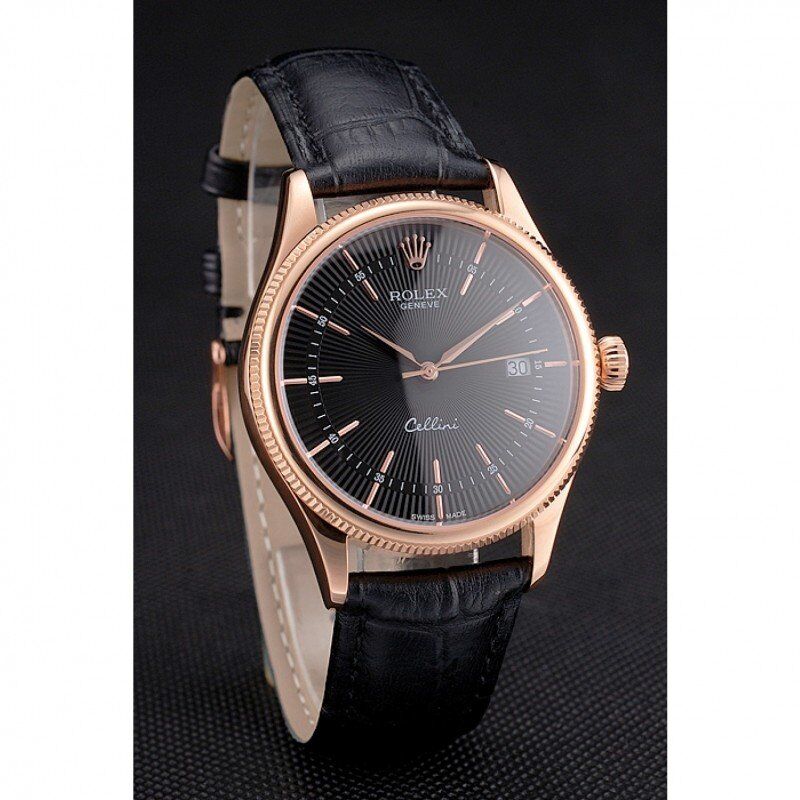 Swiss Rolex Cellini Date Black Dial Rose Gold Markings Rose Gold Case Black Leather Strap