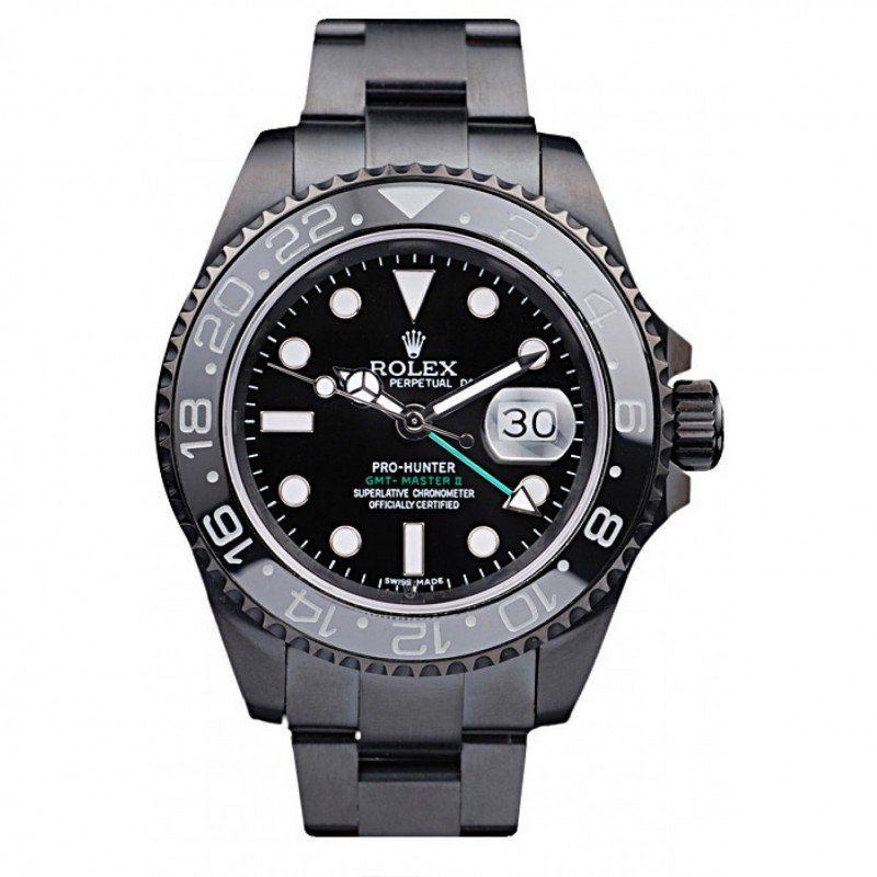 Swiss Rolex GMT Master II Pro-Hunter Black Steel Strap Black Dial