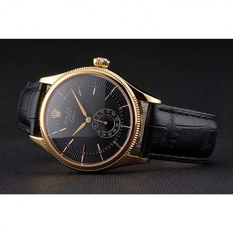 Swiss Rolex Cellini Black Dial Gold Case Black Leather Strap