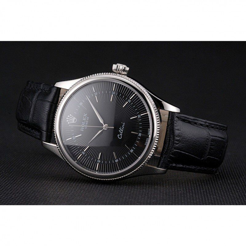 Swiss Rolex Cellini Black Dial Steel Case Black Leather Strap