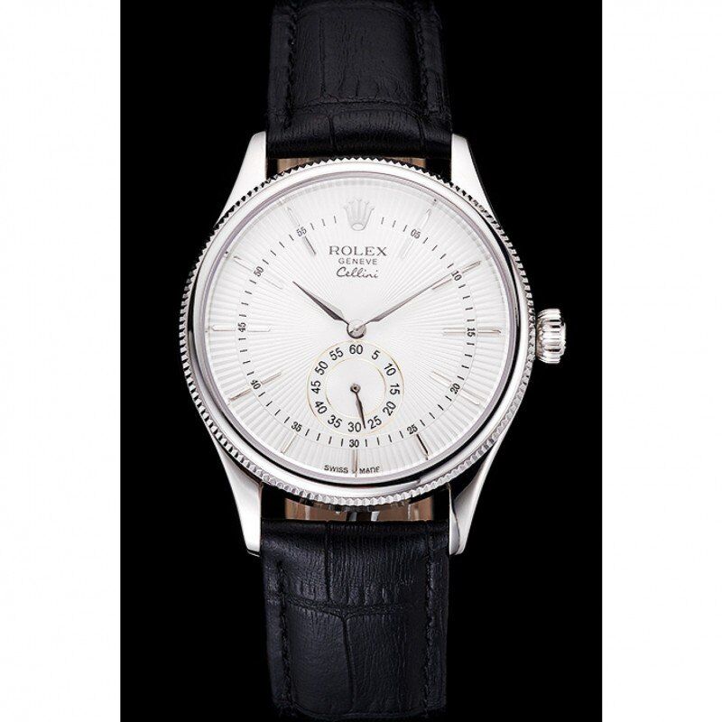 Swiss Rolex Cellini White Dial Stainless Steel Case Black Leather Strap