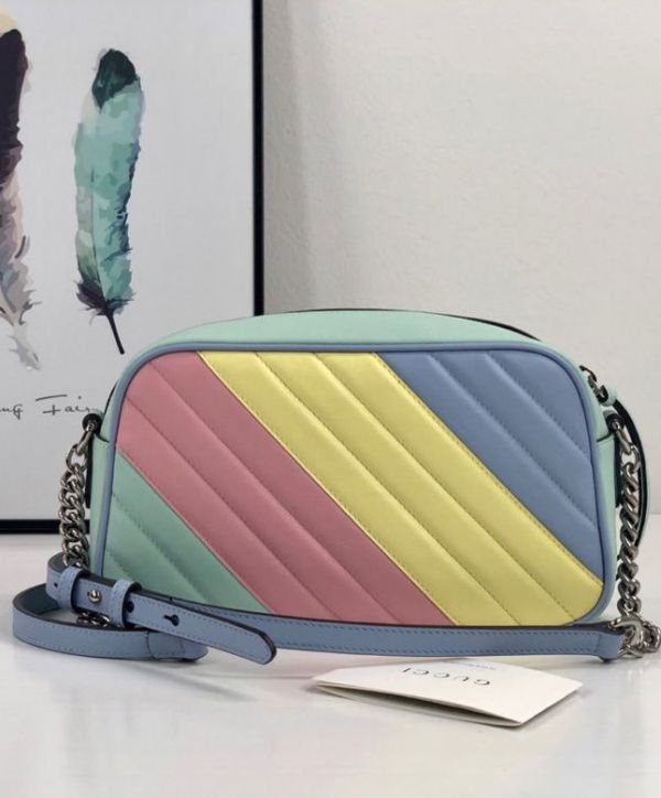 2022 New Gucci GG Marmont Silver Chian Strap Zipper Closure Double G Signature Women Colorful Diagonal Quilted Leather Crossbody Bag Small