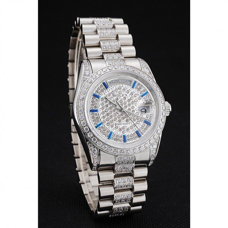 Swiss Rolex Day-Date Diamond Pave Dial And Bezel And Stainless Steel Bracelet