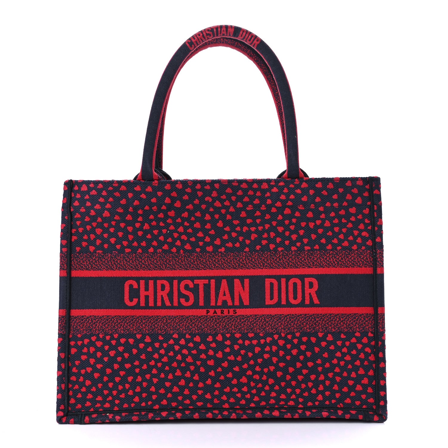 CHRISTIAN DIOR Canvas Embroidered Pop Heart I Love Paris Medium Book Tote Red Multicolor