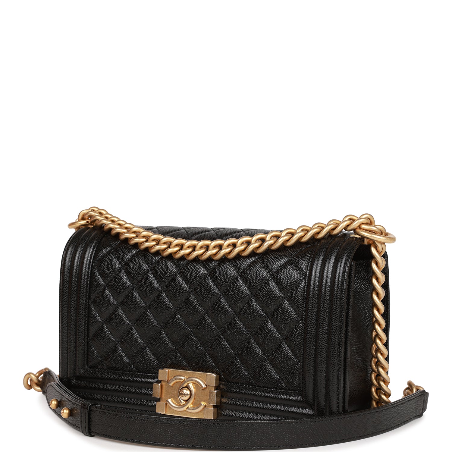 Chanel Medium Boy Bag Black Caviar Antique Gold Hardware