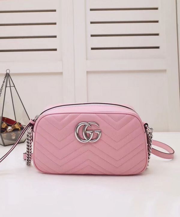Gucci GG Marmont Silver Logo Signature Zipper Closure Chevron Design Women Fashion Small Red Quilted Leather Crossbody Bag