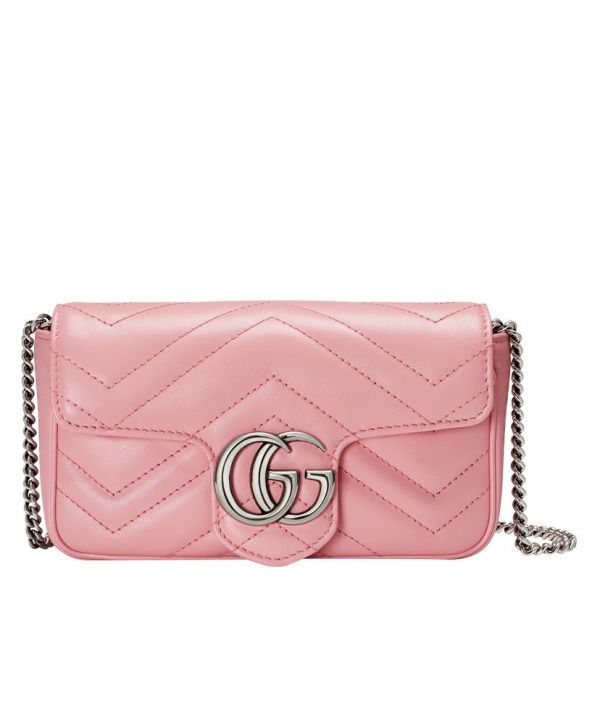 Gucci GG Marmont Waved Design Silver GG Buckle Women Latest Pink Quilted Super Mini Flap Handbag For Sale
