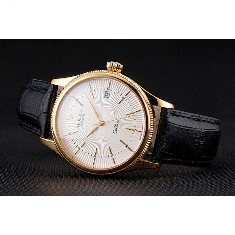 Swiss Rolex Cellini Date White Dial Gold Case Black Leather Strap