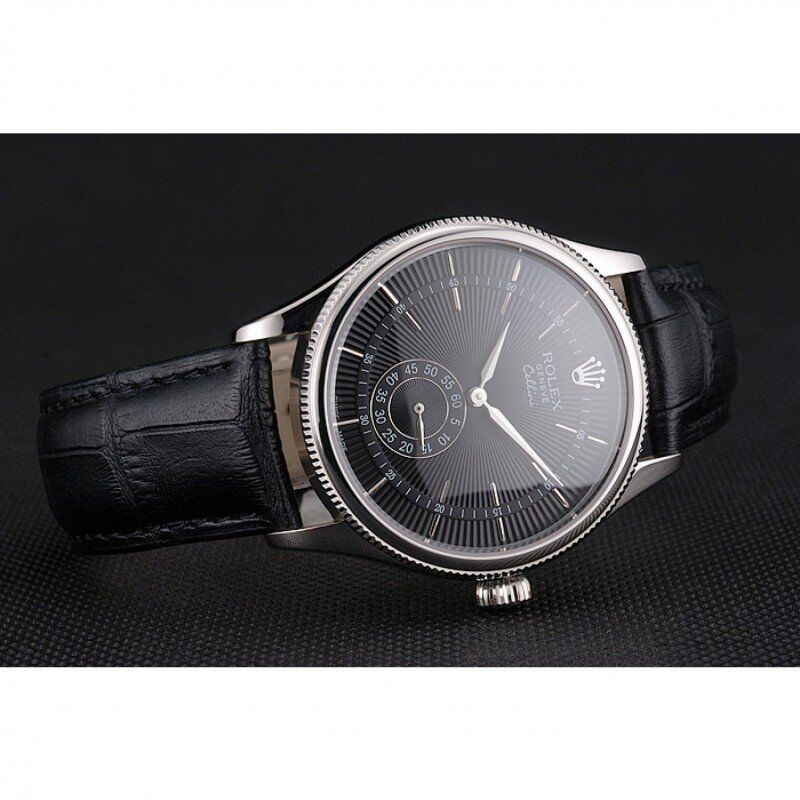 Swiss Rolex Cellini Black Dial Stainless Steel Case Black Leather Strap