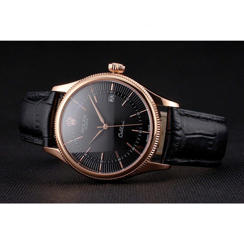 Swiss Rolex Cellini Date Black Dial Rose Gold Markings Rose Gold Case Black Leather Strap