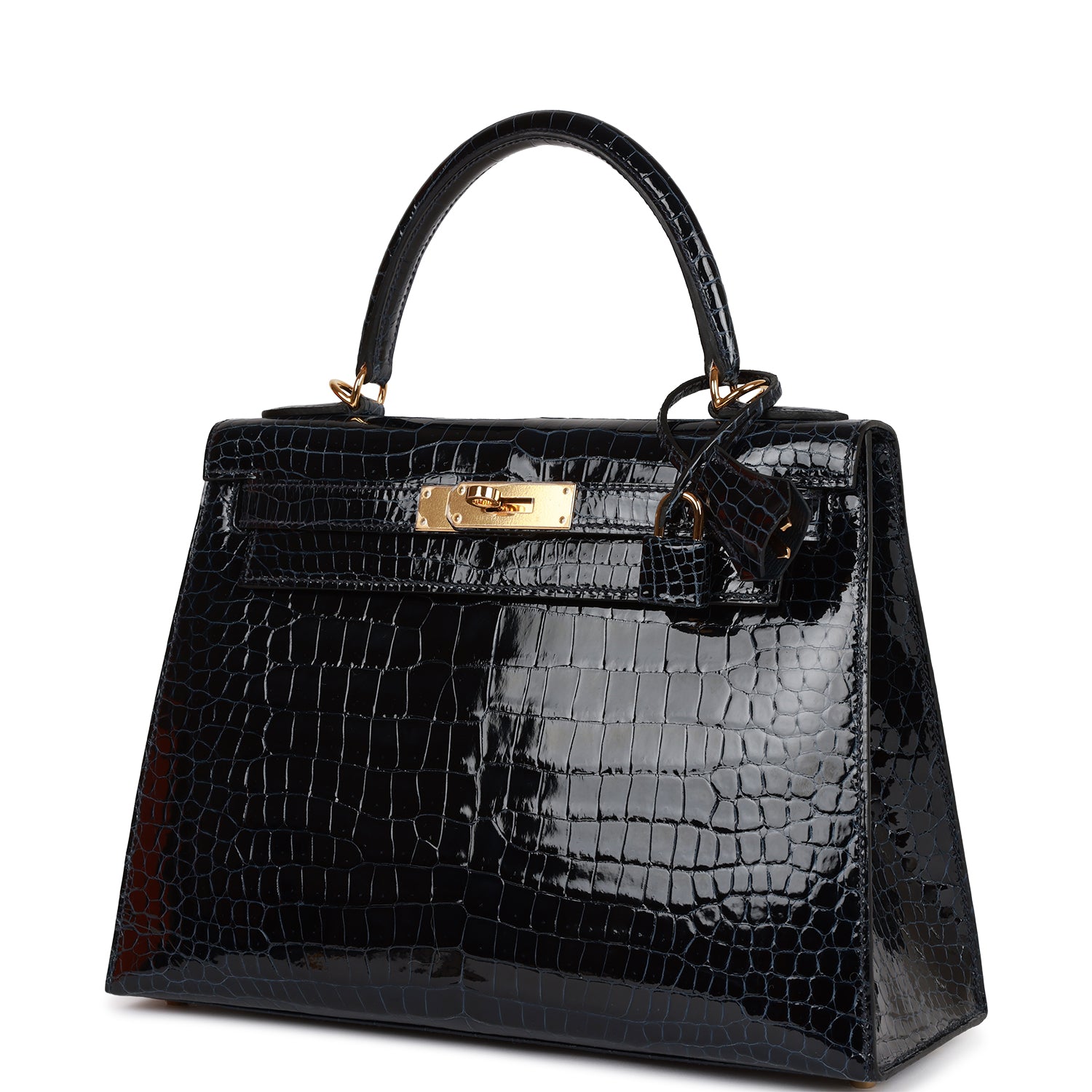 Hermès Kelly Sellier 28 Bleu Baltique Shiny Porosus Crocodile Gold Hardware