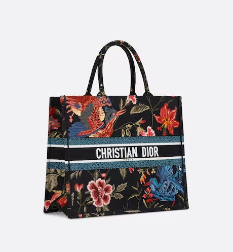 LARGE DIOR BOOK TOTE Black Multicolor Dior Birds Embroidery (42 x 35 x 18.5 cm)