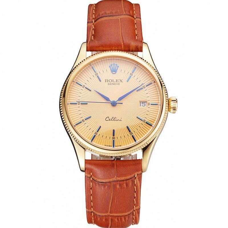 Swiss Rolex Cellini Date Gold Guilloche Dial Gold Case Light Brown Leather Strap