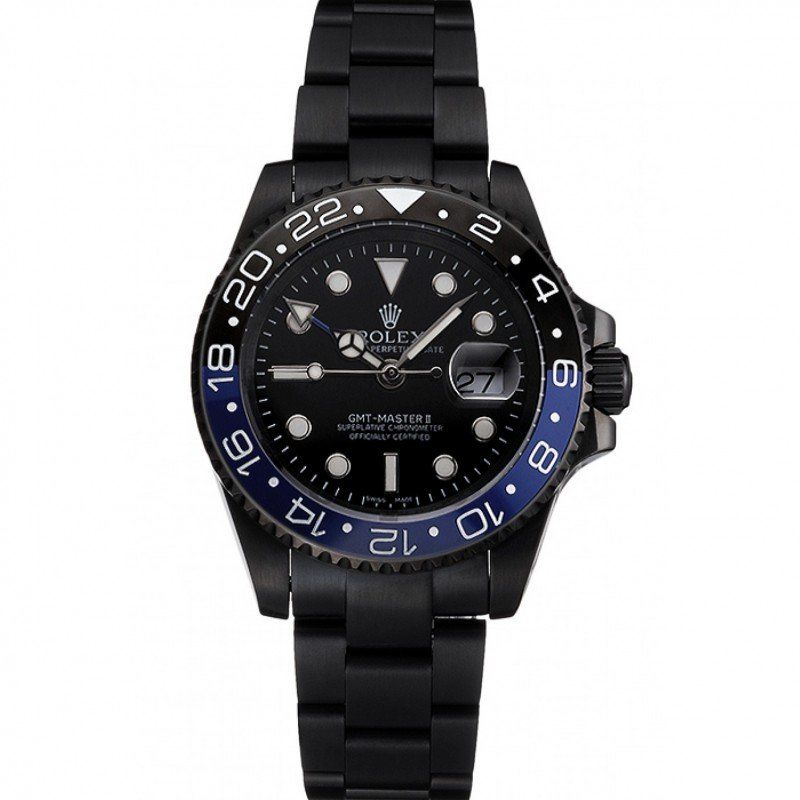 Swiss Rolex GMT Master II Black Dial Blue And Black Bezel Black PVD Case And Bracelet PR18239