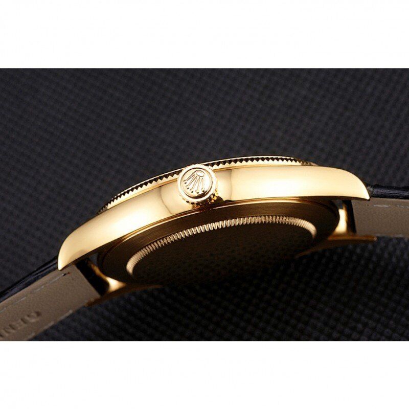 Swiss Rolex Cellini Date White Dial Gold Case Black Leather Strap