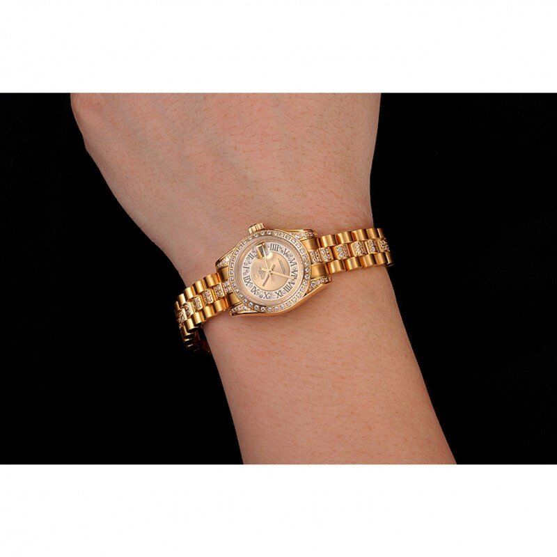 Swiss Rolex DayJust Diamond Pave Gold Dial Gold Diamond Bracelet 1453953