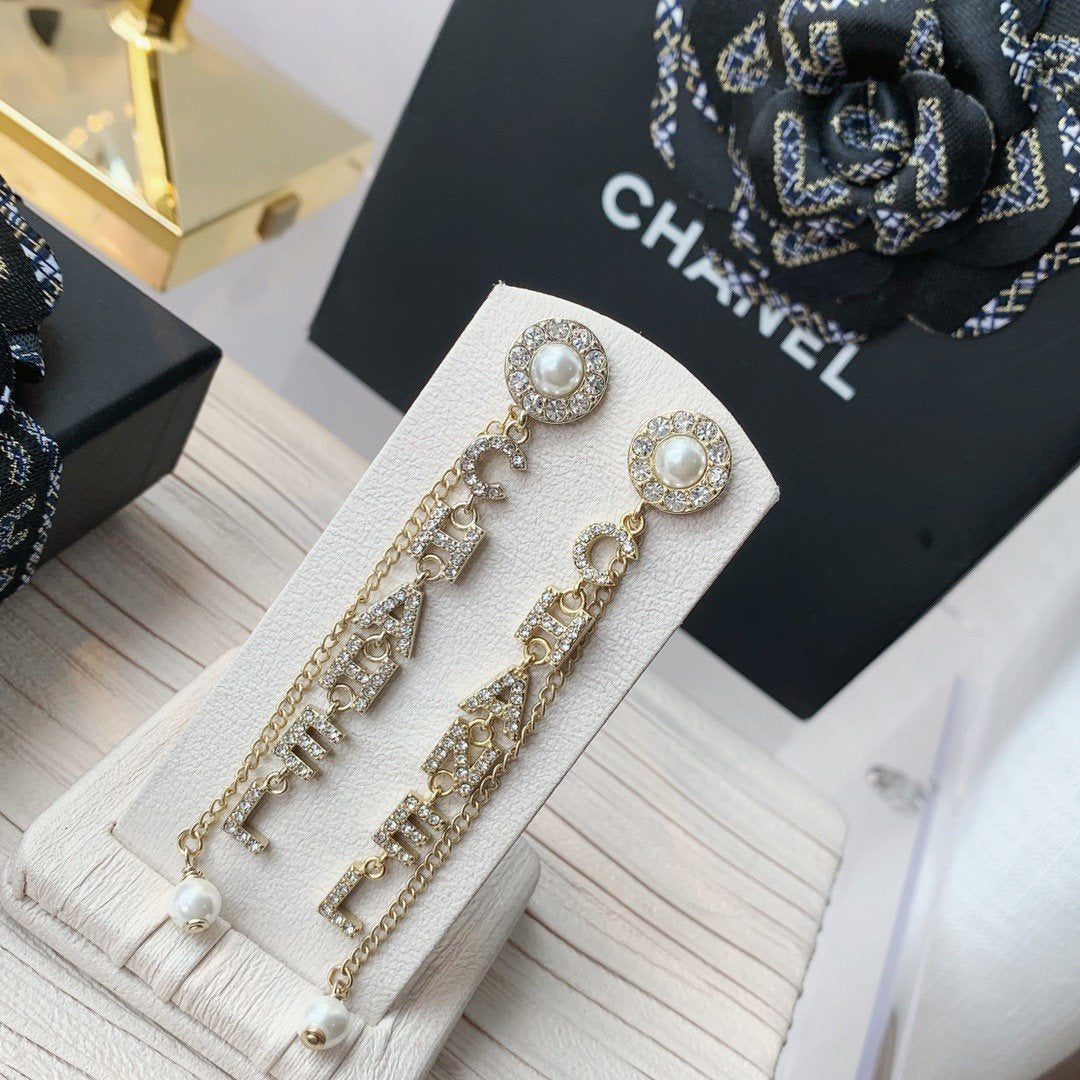 Luxury Pearl Rhinestone Letter Tassel Earrings